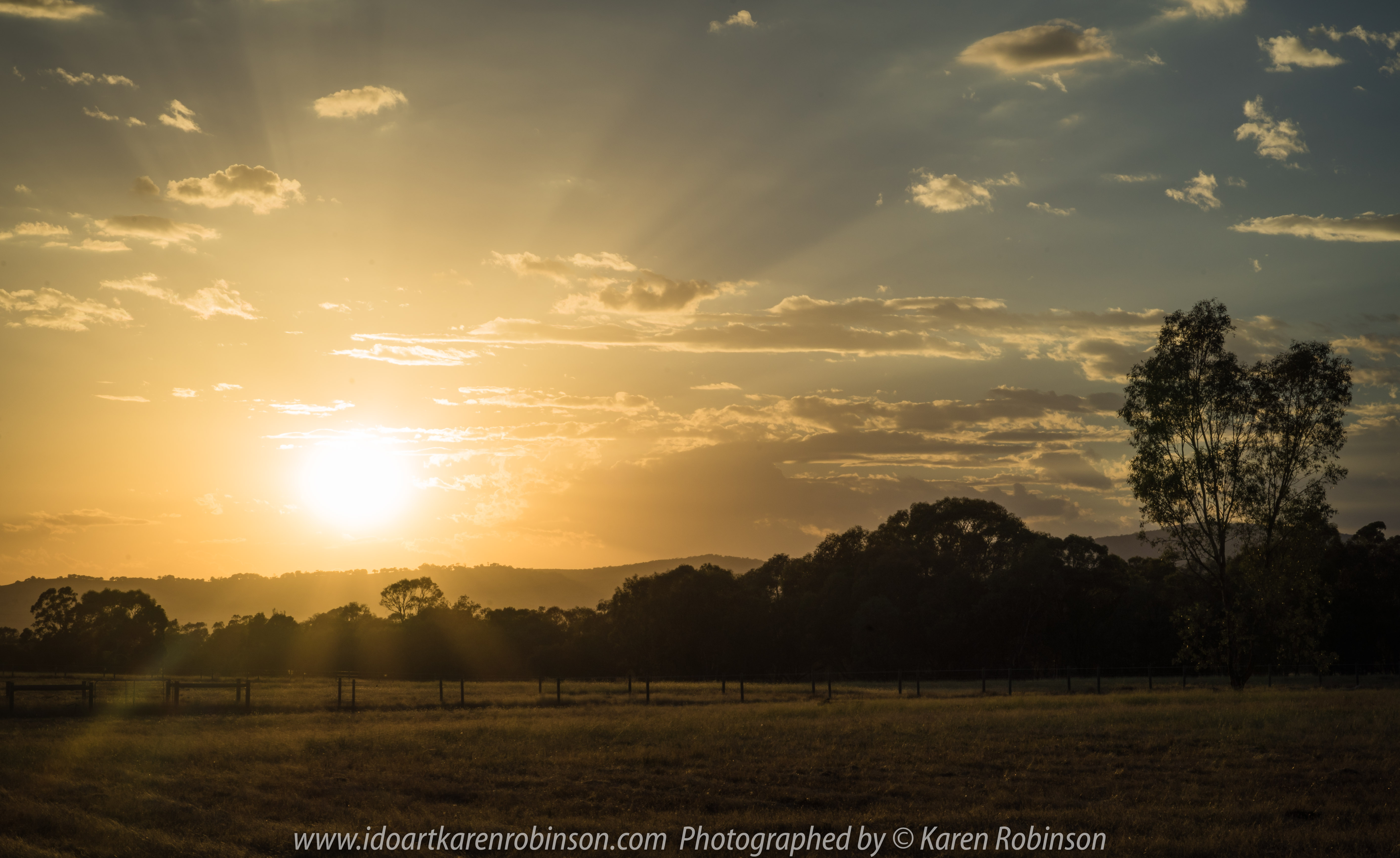 Euroa, Victoria - Australia 'Marylands Property' Photographed by Karen Robinson Jan 2018 www.idoartkarenrobinson.com NB. All images are protected by Copyright laws. Comments: Managed to capture a sunrise on a property called 'Marylands' Euroa, Victoria. The early morning was just beautiful and all that could be heard were the native birds calling out - welcoming a new day! Cattle grazed quietly in the far distance as the dawn sun pushed its way up over the tree-lined crest.