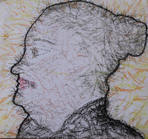 Please click on image to read about No. 2 of 3 Art Therapy Session One - July 2015 'Self Portrait' by Abstract Artist Karen Robinson. It was created by outlining the silhouette on my face and then using pastel and charcoal to create this image on paper. It was done during the art therapy session itself. JPG No. 2 of 3 Art Therapy Session One - July 2015 'Self Portrait' by Abstract Artist Karen Robinson.JPG