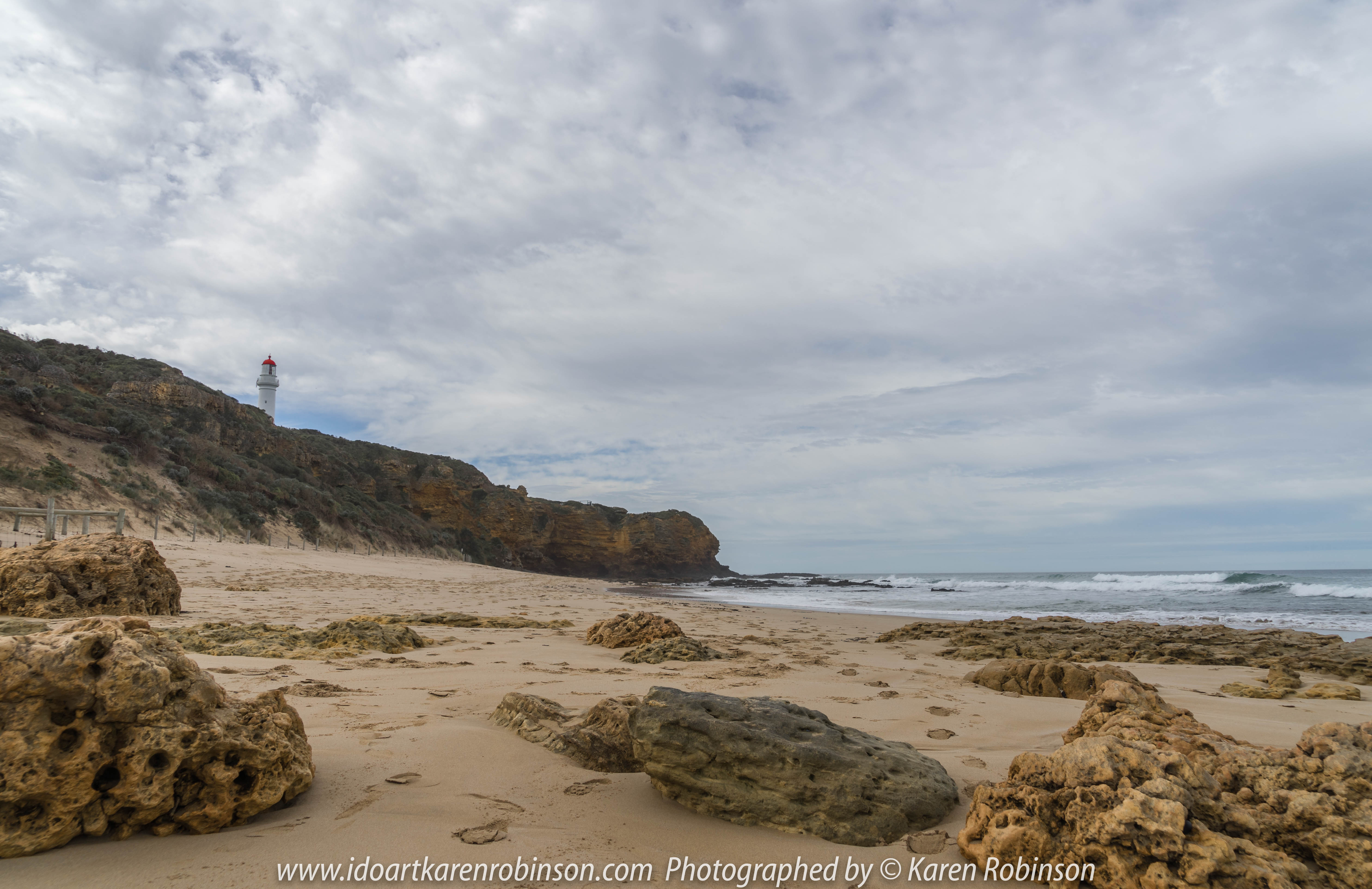 The Great Ocean Road, Victoria - Australia_Photographed by Karen Robinson August, 2017 Comments: My husband and I decided to take a car drive one Sunday, along part of this iconic road which features some of the most stunning beaches and ocean views. It was a beautiful winter's day with the sun shining it's best; interesting skies and long sandy beaches - a visual feast! The fresh, softly blowing sea air filled our ageing lungs; the whole experience rejuvenating our souls www.idoartkarenrobinson.com